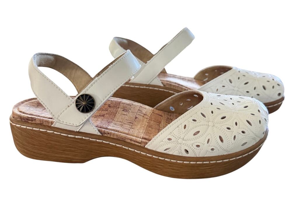 Alegria Opal Laser Cut Leather Cork Ankle Strap Clogs EU 39 US Women’s 9 NEW